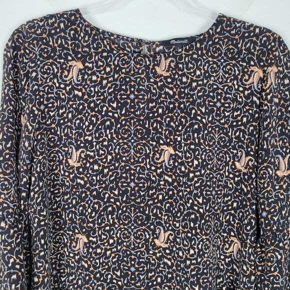 Madewell Silk Blouse 3/4 Bell Sleeve Peplum Patterned Black Multicolor Size L - Picture 3 of 11